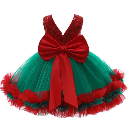 Kerstjurk voor meisjes met pailletten lijfje, tulen rok en grote strik - rood lijfje, groene rok
