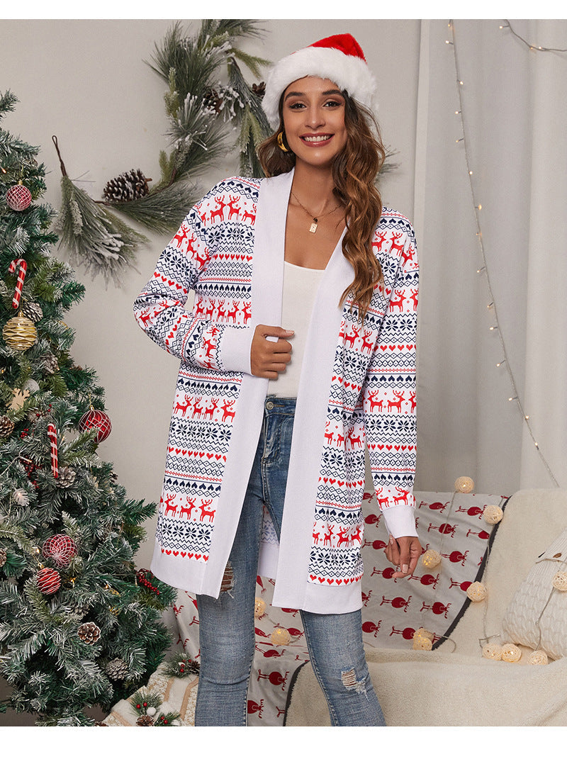 Lang open kerstvest voor dames met rendieren en witte boord