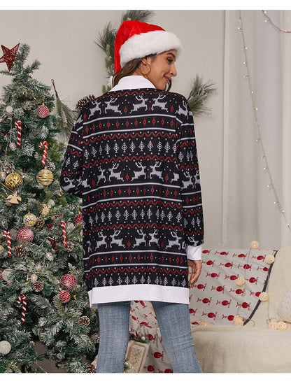Lang open kerstvest voor dames met rendieren en witte boord