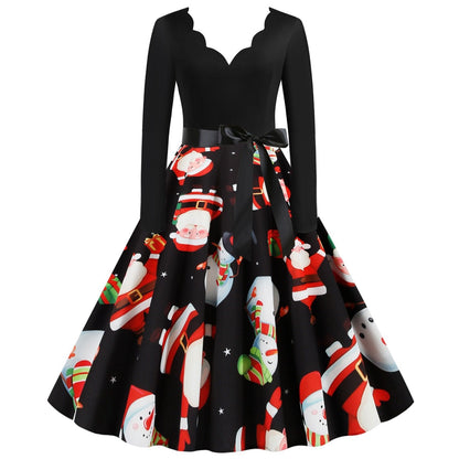 Vintage kerstjurk voor dames met geschulpte V-hals en wijde rok met kerstprint
