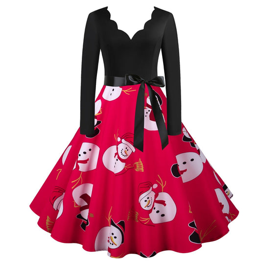 Swing kerstjurk voor dames met geschulpte V-hals en rode rok met sneeuwpoppen