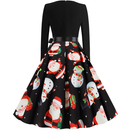 Vintage kerstjurk voor dames met geschulpte V-hals en wijde rok met kerstprint