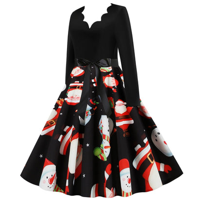 Vintage kerstjurk voor dames met geschulpte V-hals en wijde rok met kerstprint