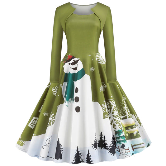 Kerstjurk voor dames met grote sneeuwpopprint en bolero-effect - olijfgroen met sneeuwpop
