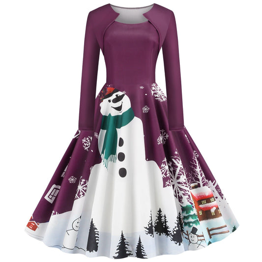Kerstjurk voor dames met grote sneeuwpopprint en bolero-effect - paars met sneeuwpop