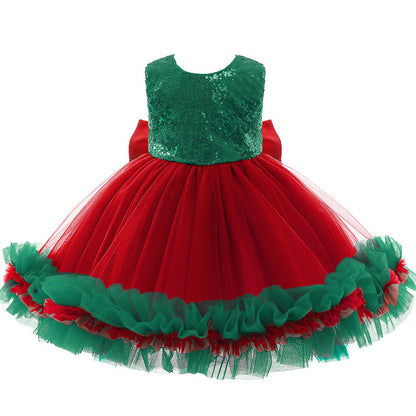 Kerstjurk voor meisjes met pailletten lijfje, tulen rok en grote strik - groen lijfje, rode rok
