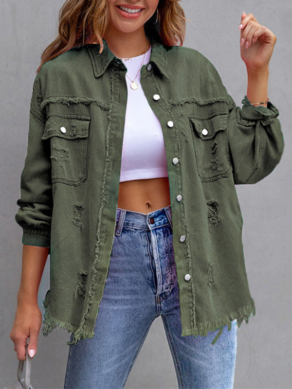 Oversized overhemdjack dames met rafelranden en borstzakken - olijfgroen