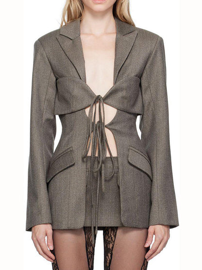 Blazer dames met striksluiting onder de borst, revers en kleppenzakken