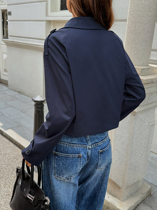 Cropped trenchjack dames met brede revers en twee rijen knopen