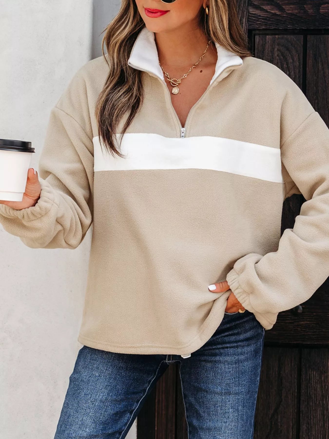 Fleece trui dames met halve rits - detailfoto