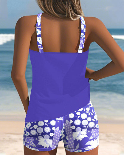 Tweedelig badpak dames in paars - strand en zwembad kleding met bloemenprint
