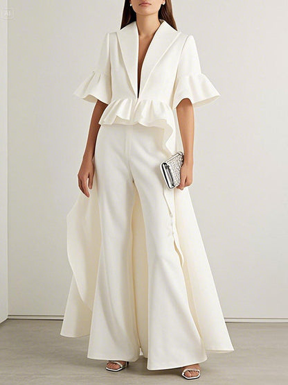 Witte lange damesblouse met volant op de taille en wijde halve mouwen - wit