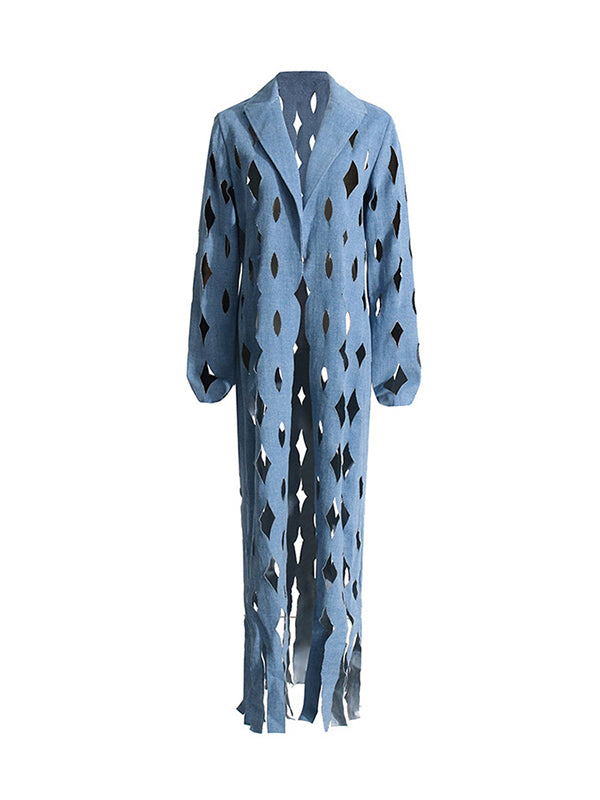 Enkellange denim damesjas met uitgesneden ruiten en franjezoom - middenblauwe wassing