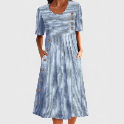 Gestreepte midi jurk dames met decoratieve knoopdetails