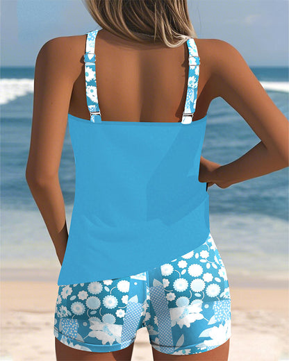 Tweedelig zwemset dames blauw bloemen - vakantie badmode figuurvriendelijk