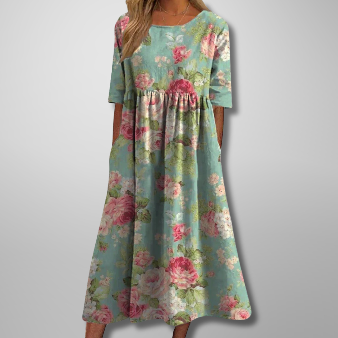 Relaxte midi jurk dames met bloemenprint - vrouwelijke comfortabele zomerjurk