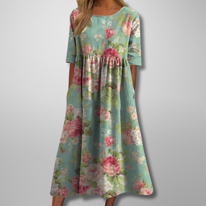 Relaxte midi jurk dames met bloemenprint - vrouwelijke comfortabele zomerjurk