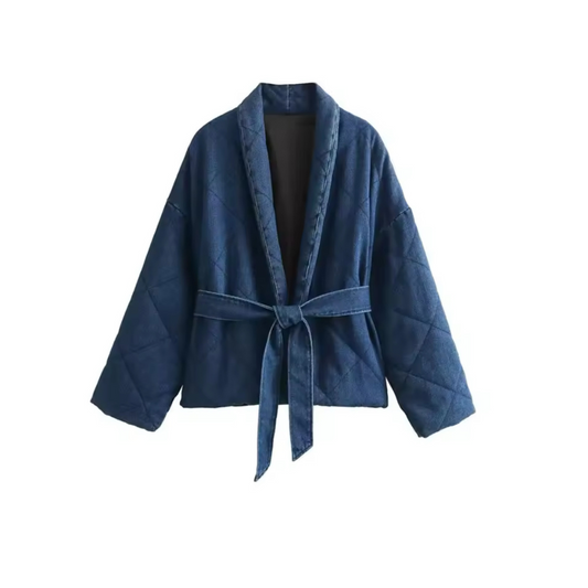 Denim Kimono Jas Dames – Gewatteerd Design met Quilt-Details