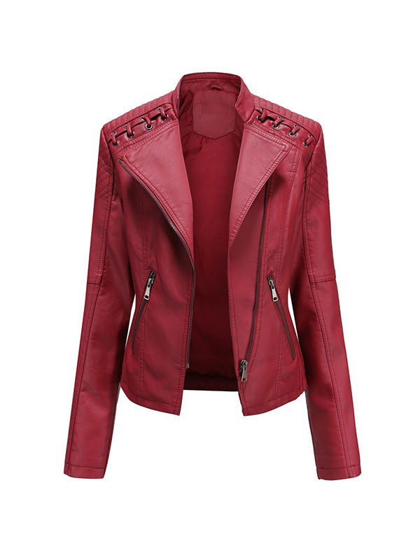 Imitatieleren bikerjack dames met rijgwerk over de schouders - rood