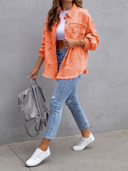 Oversized overhemdjack dames met rafelranden en borstzakken - oranje