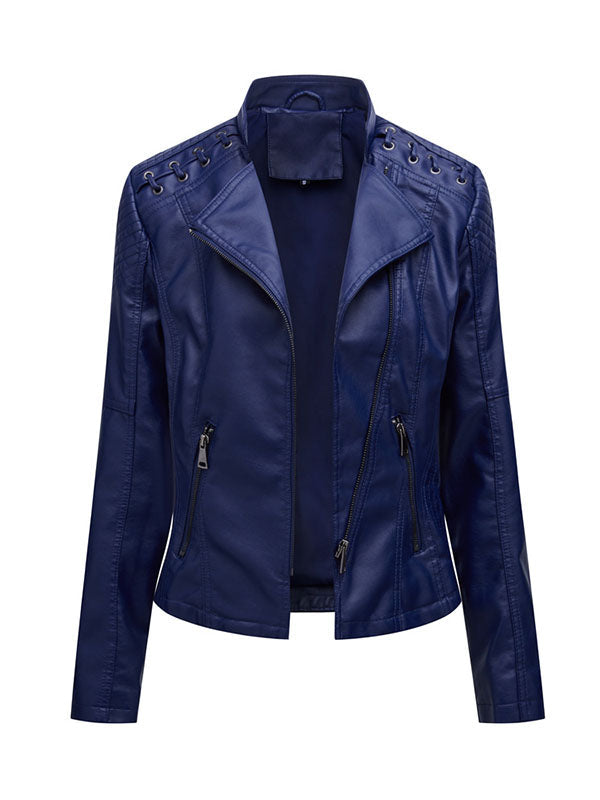 Imitatieleren bikerjack dames met rijgwerk over de schouders - marineblauw
