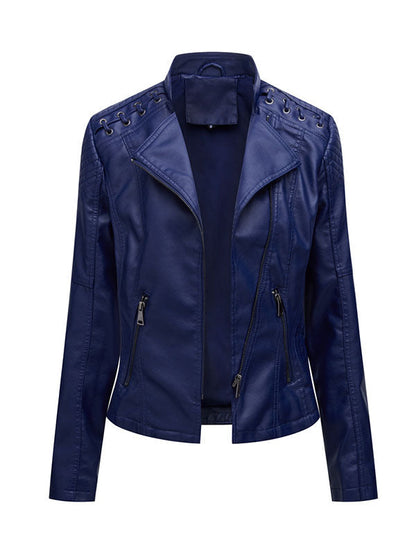 Imitatieleren bikerjack dames met rijgwerk over de schouders - marineblauw