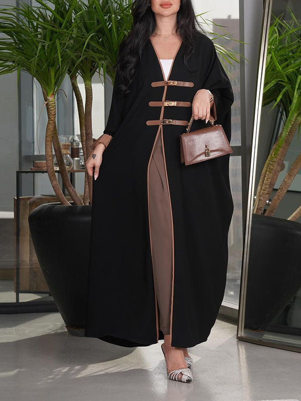 Enkellange open damesabaya met contrastbies en goudkleurige sluitingen