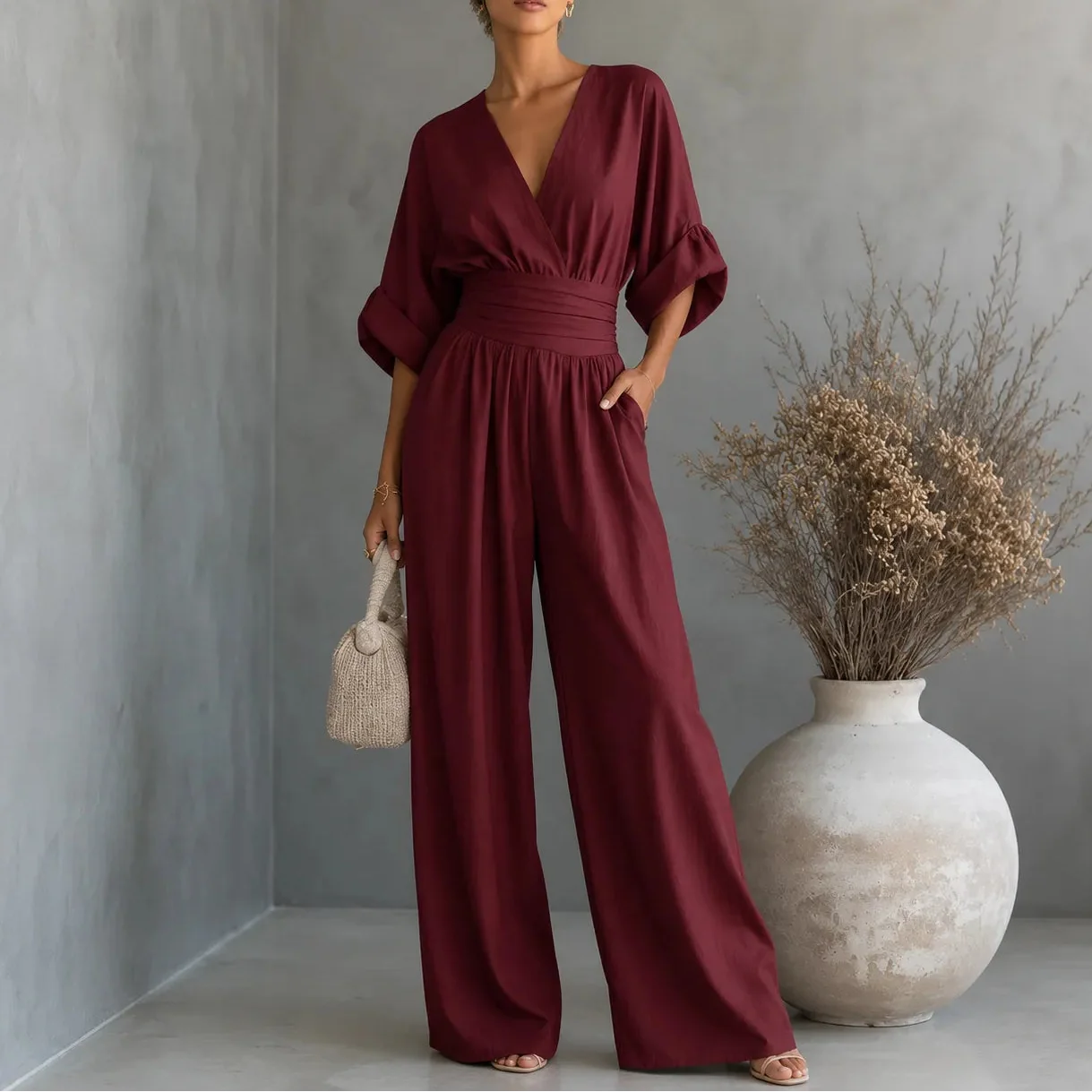 Jumpsuit dames met wijde pijp in Bordeaux