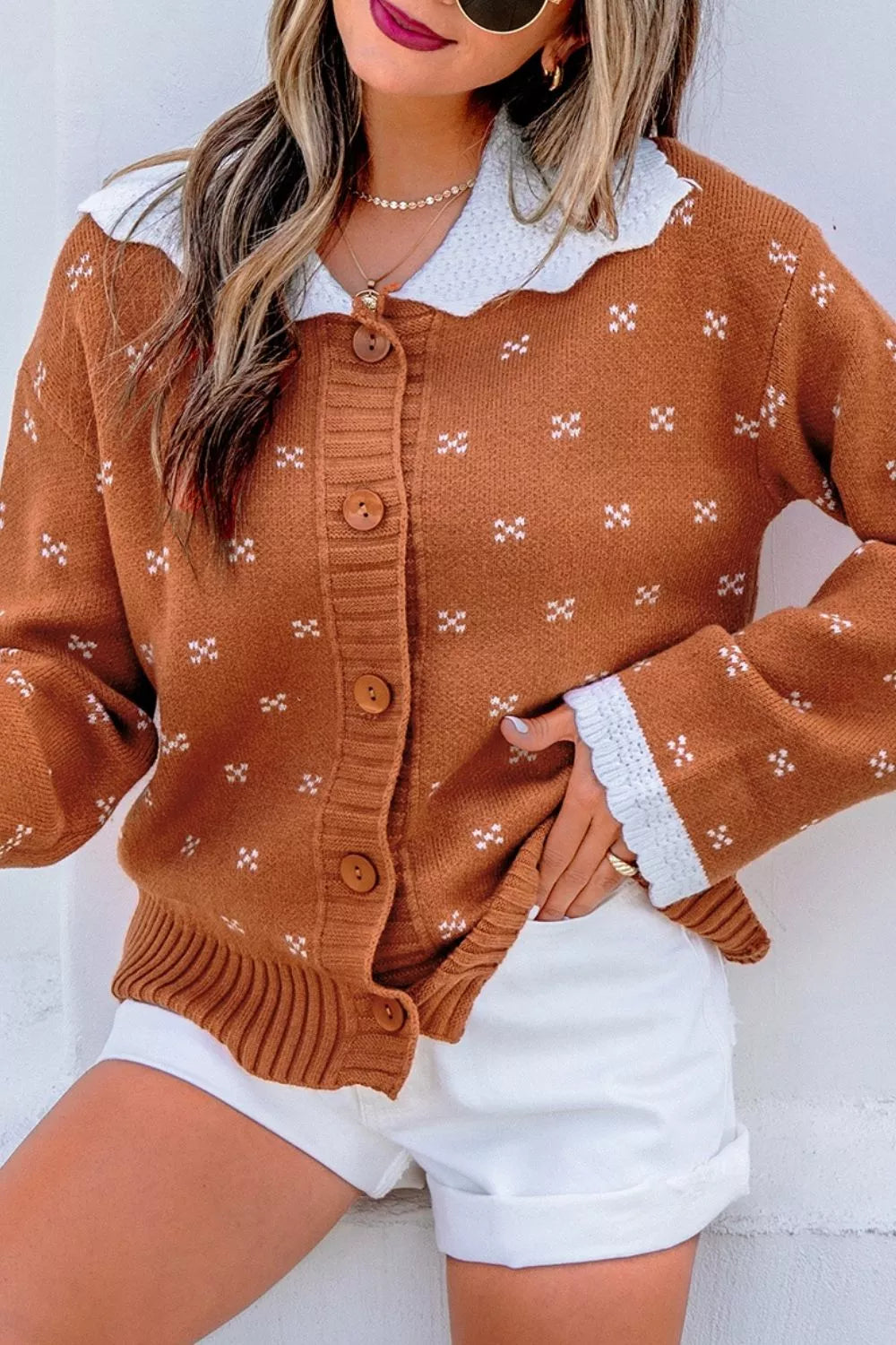 Vest dames met ronde kraag in terracotta - detailfoto