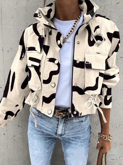 Utility jack dames cropped met kleppenzakken en trekkoord - crème print