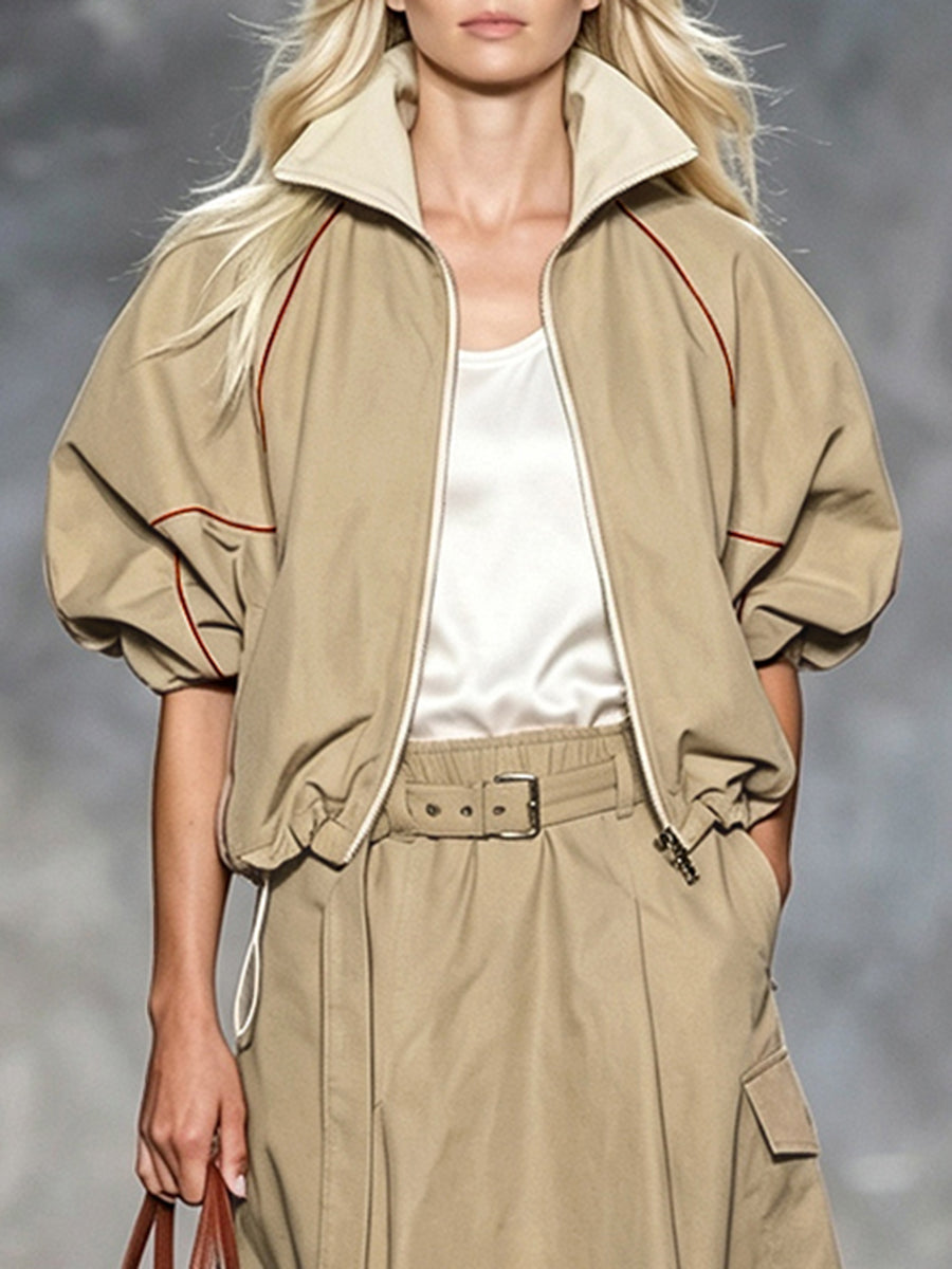 Khaki jack dames met roestkleurige bies en pofmouwen