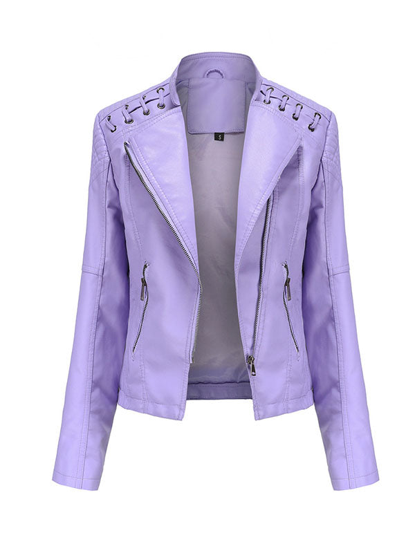 Imitatieleren bikerjack dames met rijgwerk over de schouders - lila