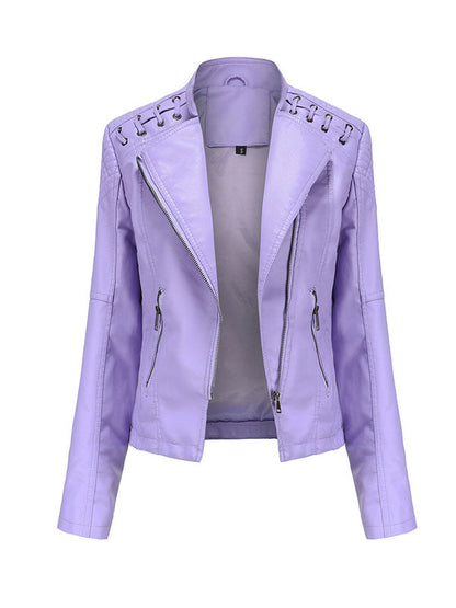 Imitatieleren bikerjack dames met rijgwerk over de schouders - lila
