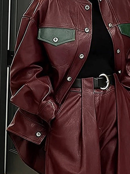 Oversized bordeauxrood imitatieleren damesjack met groene klepzakken