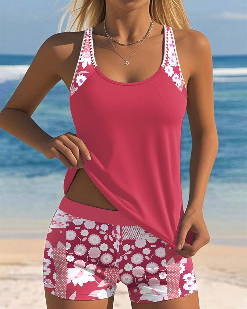 Tweedelig badpak dames in roze bloemenprint - tankini top met bijpassende shorts