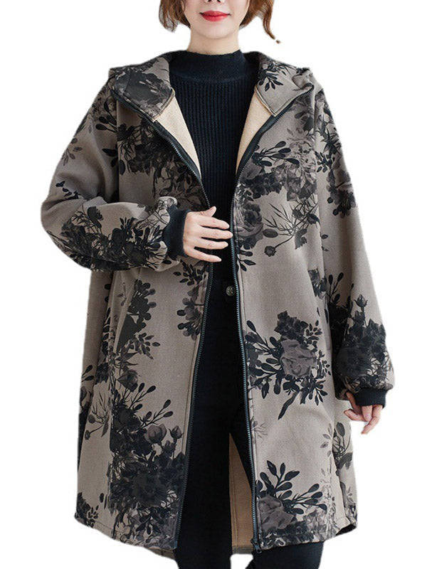 Grijs damesjack met capuchon en donkere bloemenprint