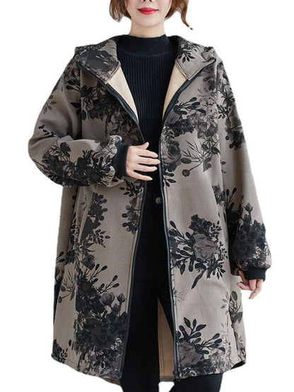 Grijs damesjack met capuchon en donkere bloemenprint