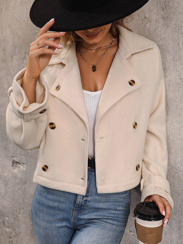 Crèmekleurig cropped damesjack van fleece met brede revers - crème