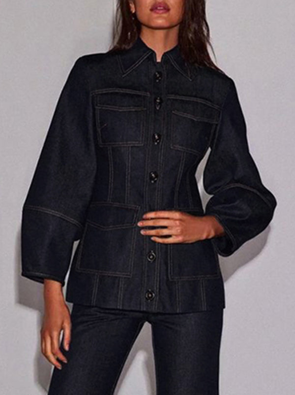 Indigo denim damesjack met pofmouwen en vier opgestikte zakken - indigo