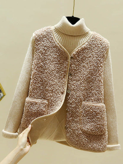 Mouwloos teddy damesgilet met ronde hals en twee opgestikte zakken - licht koffiebruin