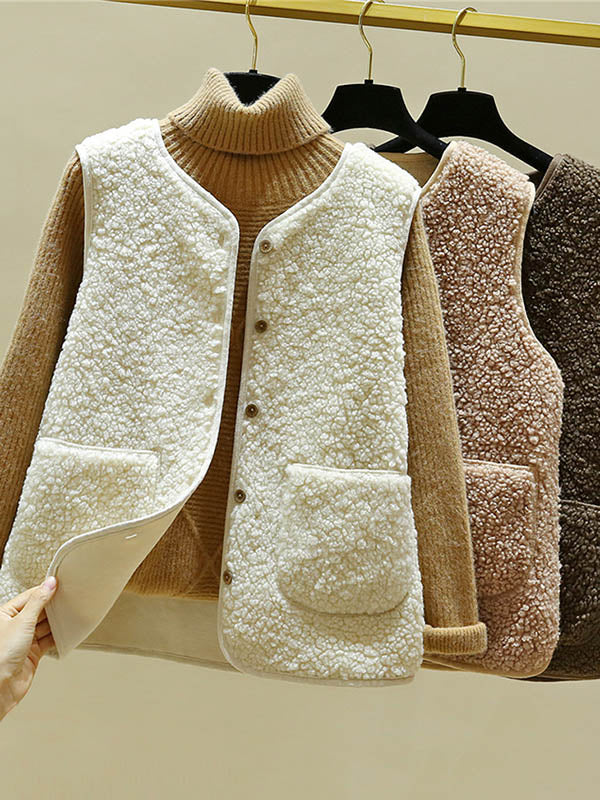 Mouwloos teddy damesgilet met ronde hals en twee opgestikte zakken