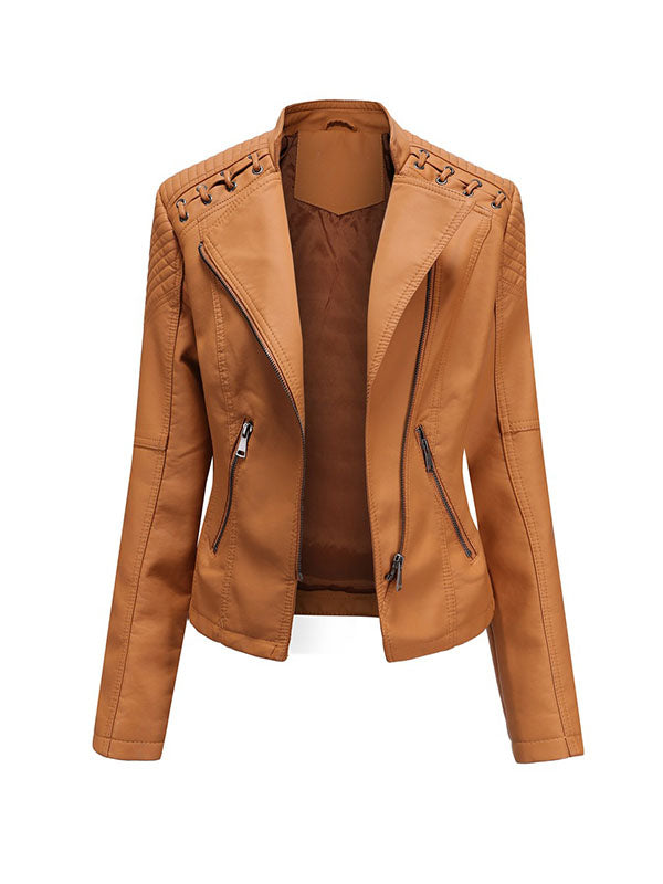 Imitatieleren bikerjack dames met rijgwerk over de schouders - camel