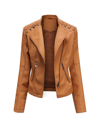 Imitatieleren bikerjack dames met rijgwerk over de schouders - camel