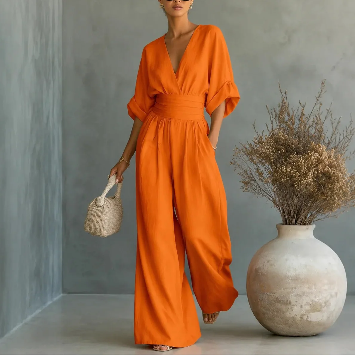 Jumpsuit dames met wijde pijp in Oranje