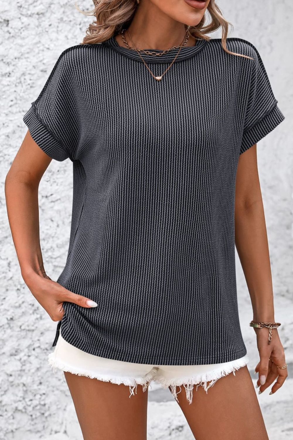 Ribshirt dames met korte mouw - detailfoto