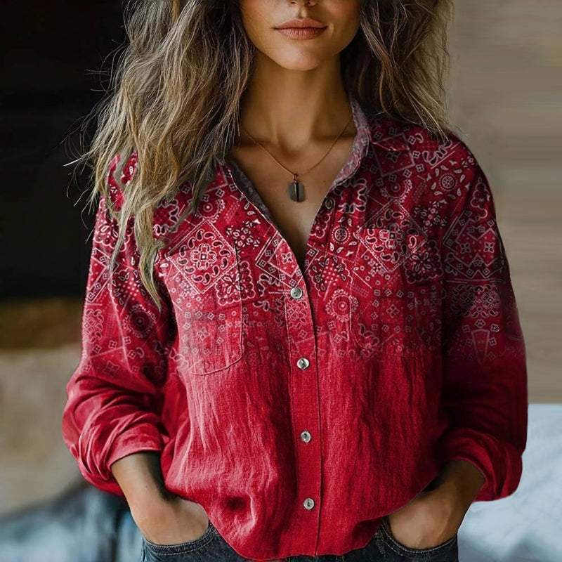 Boho vintage blouse dames - sierlijke vrouwelijke blouse met bohemian print