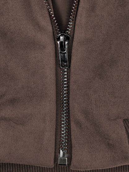 Cropped bomberjack dames in zachte koffiebruine suèdelook