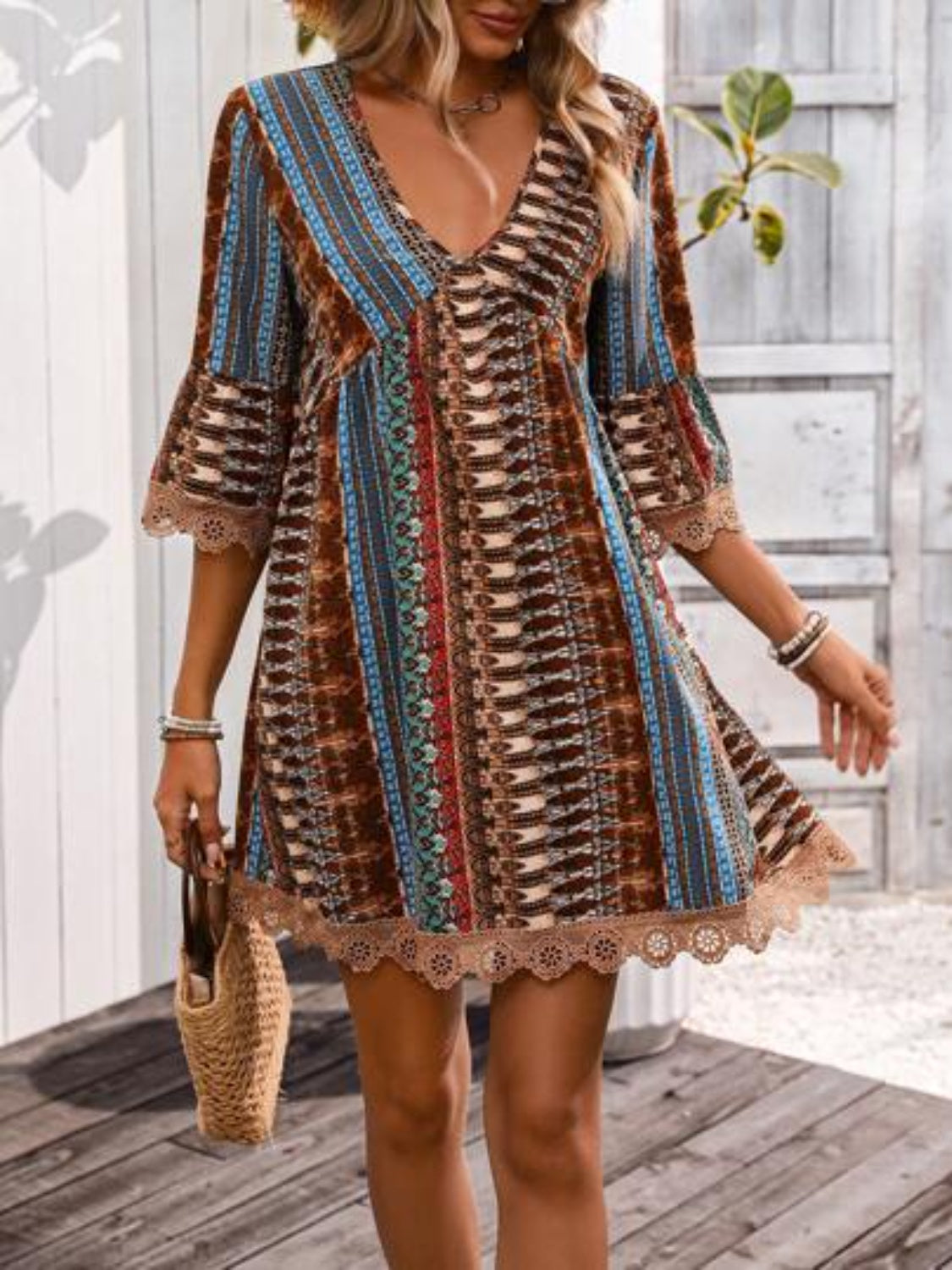 Jurk dames met kantrand en boho print - detailfoto