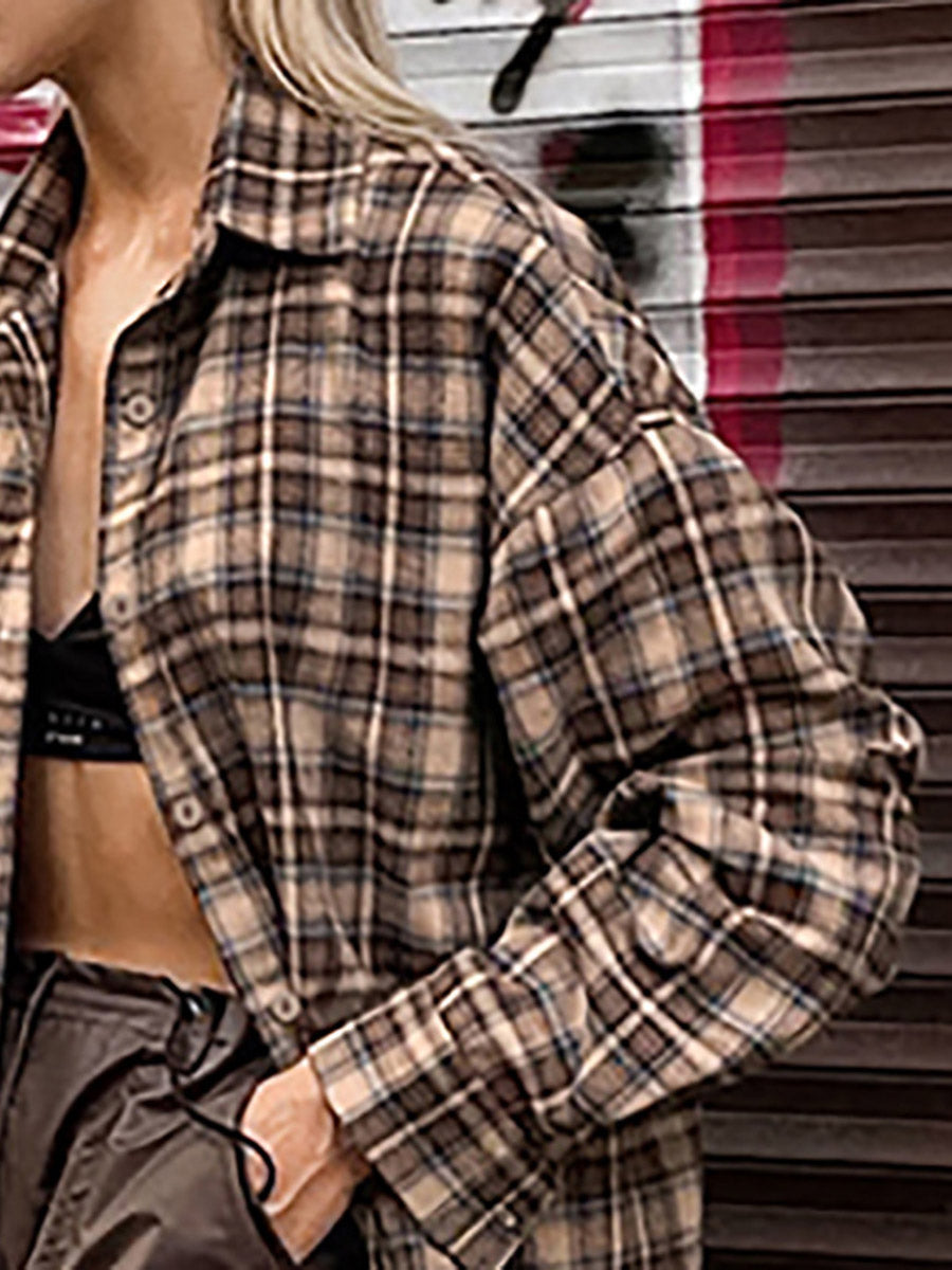 Oversized bruin geruit overshirt met contrastkraag en borstzakken