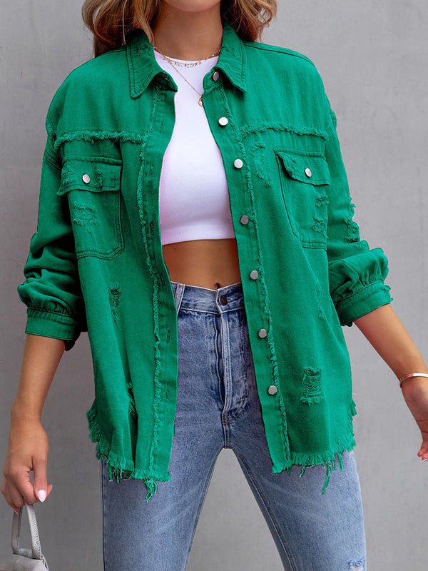 Oversized overhemdjack dames met rafelranden en borstzakken - donkergroen